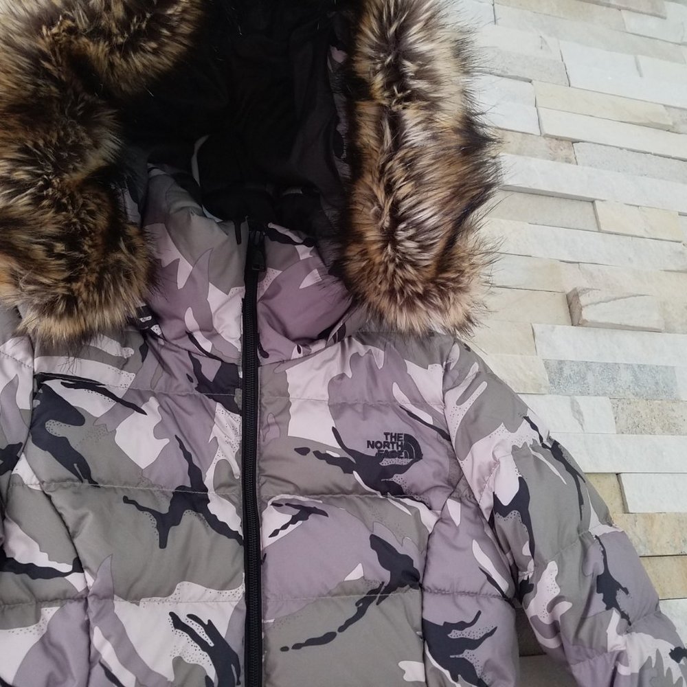 North Face Womens XS Camo Fur Puffer Jacket Coat Camouflage Hood Hooded Winter